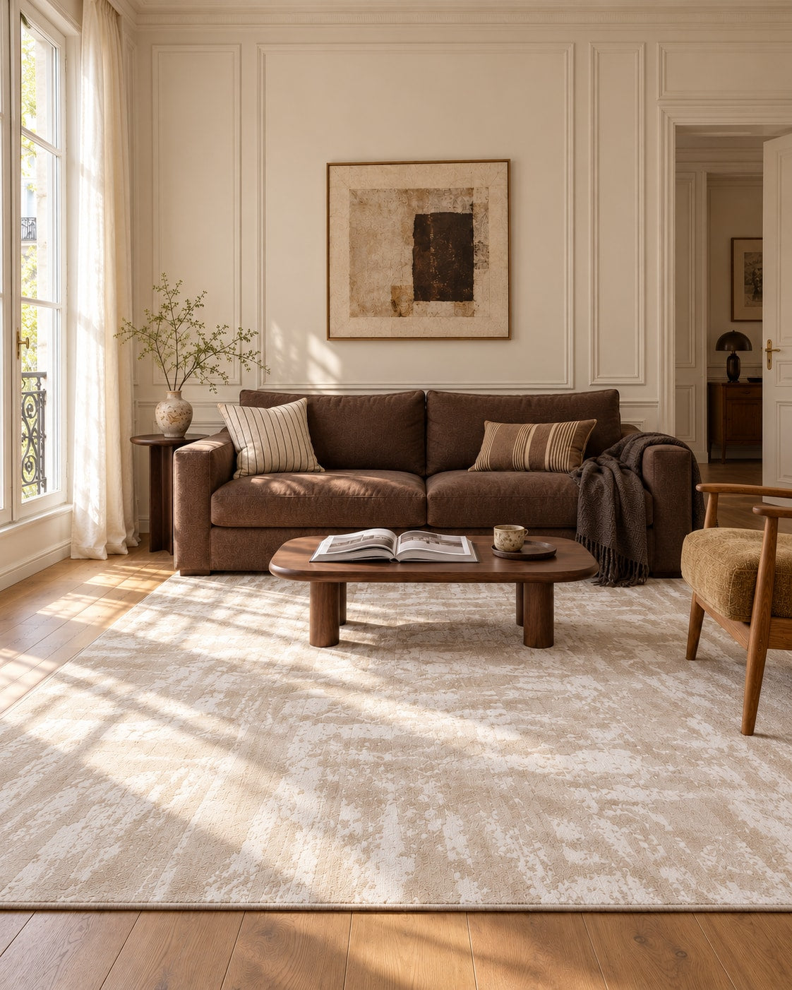 Salon lumineux aux tons naturels avec un tapis Solmène