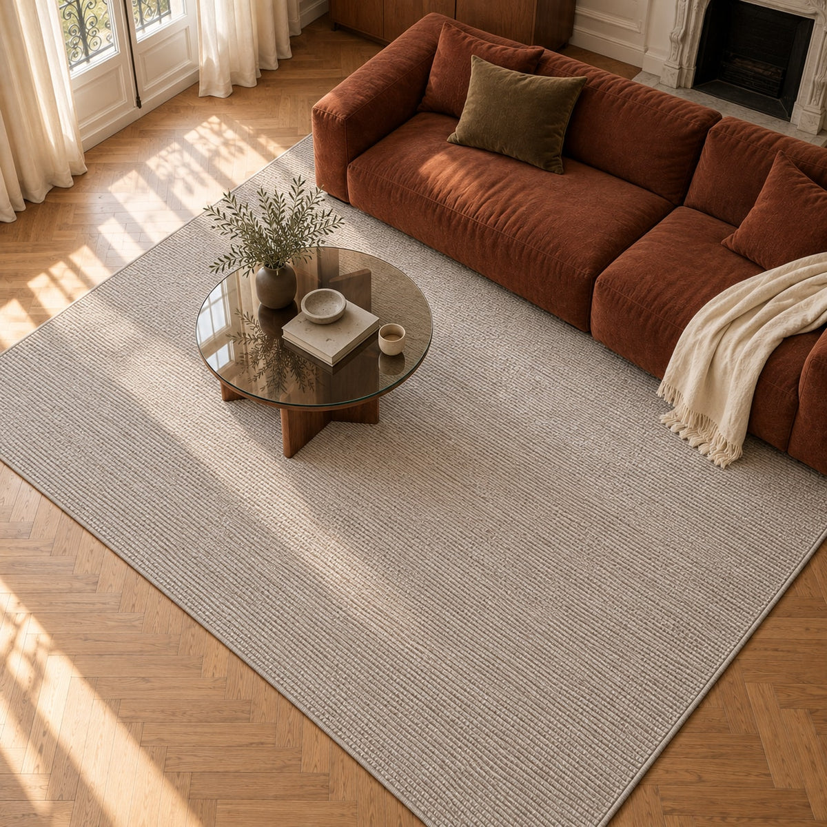 Tapis Alpage gris — vue de haut dans un salon