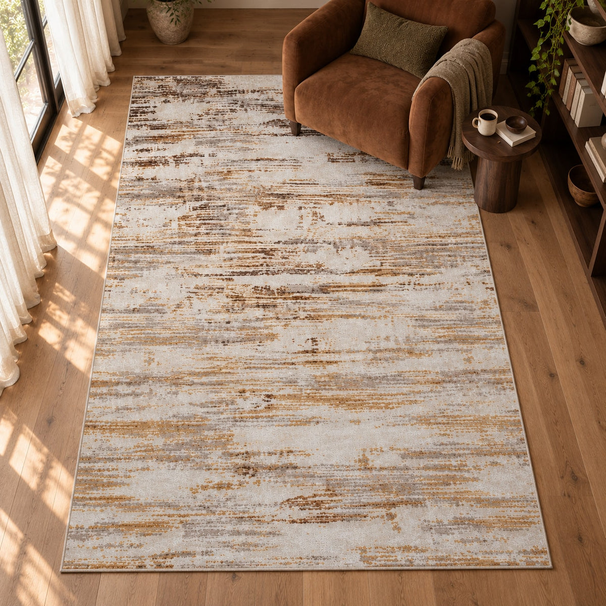Tapis Ambre ivoire et ocre — vue de haut dans un salon