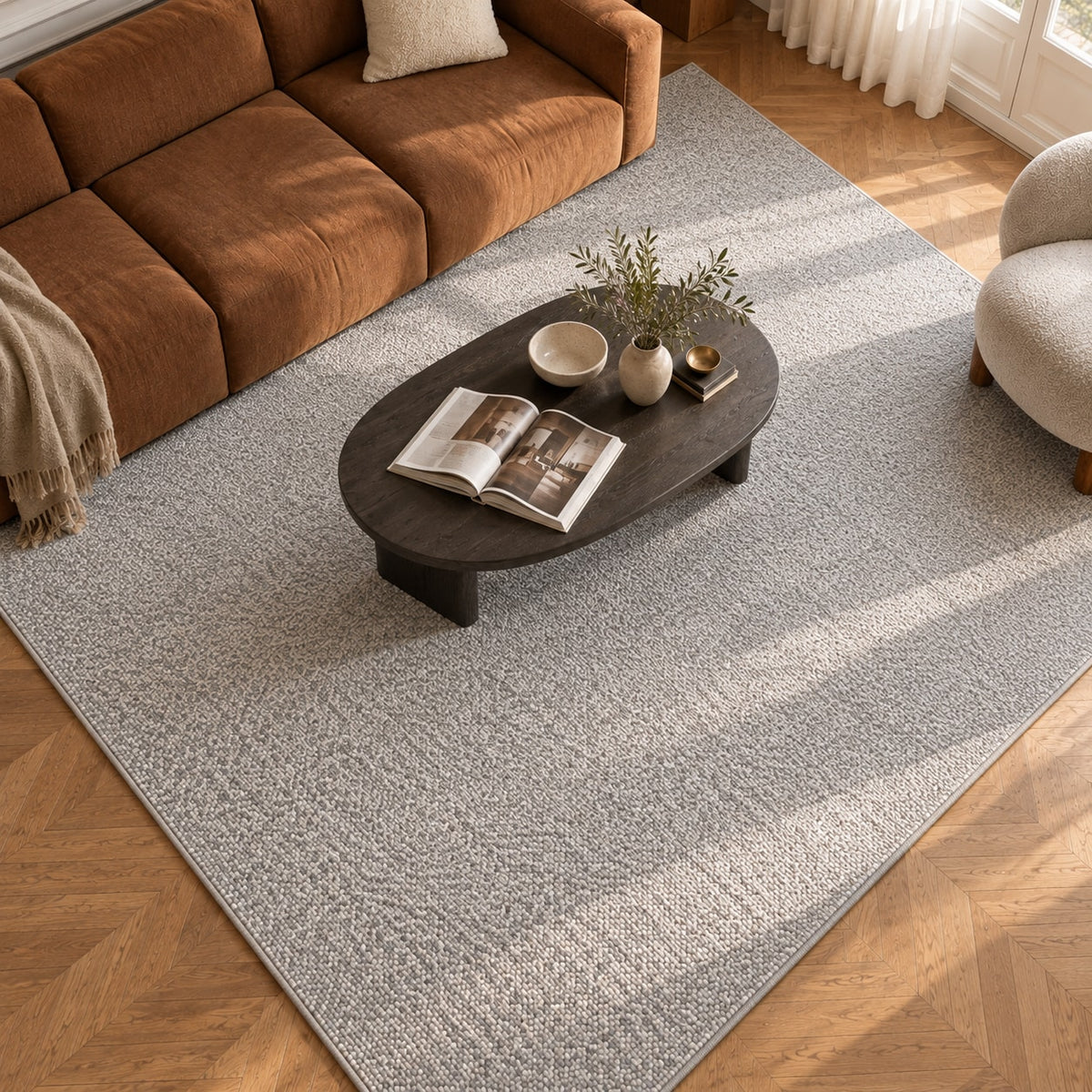 Tapis Ardoise gris perle — vue de haut dans un salon
