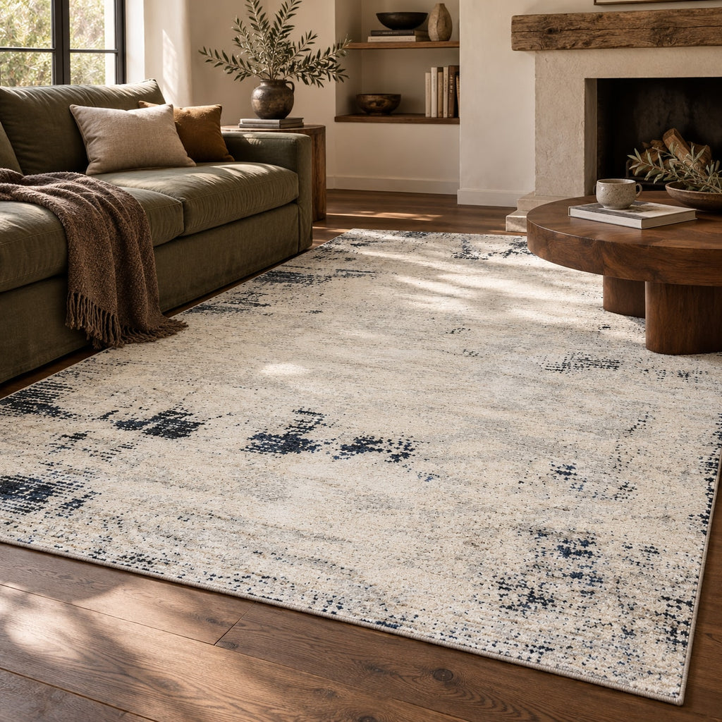 Tapis Brume ivoire et bleu nuit — dans un salon
