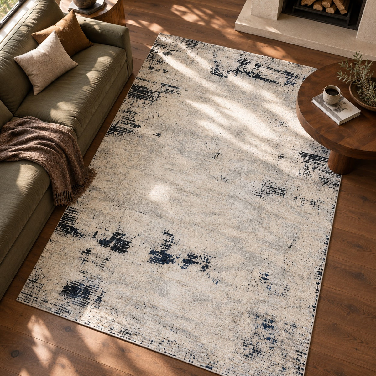 Tapis Brume ivoire et bleu nuit — vue de haut dans un salon