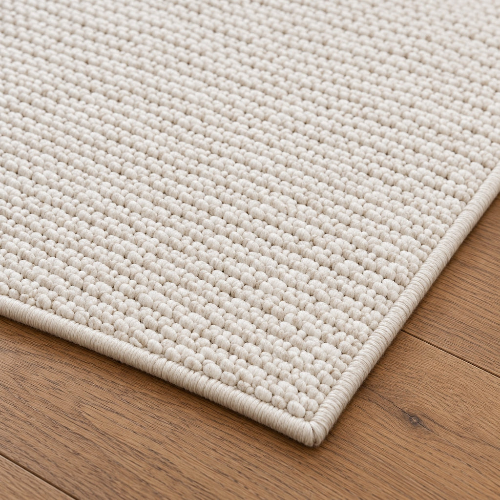Tapis Craie blanc craie — détail de la bordure et de l'épaisseur
