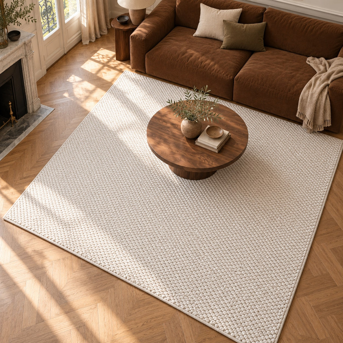 Tapis Craie blanc craie — vue de haut dans un salon