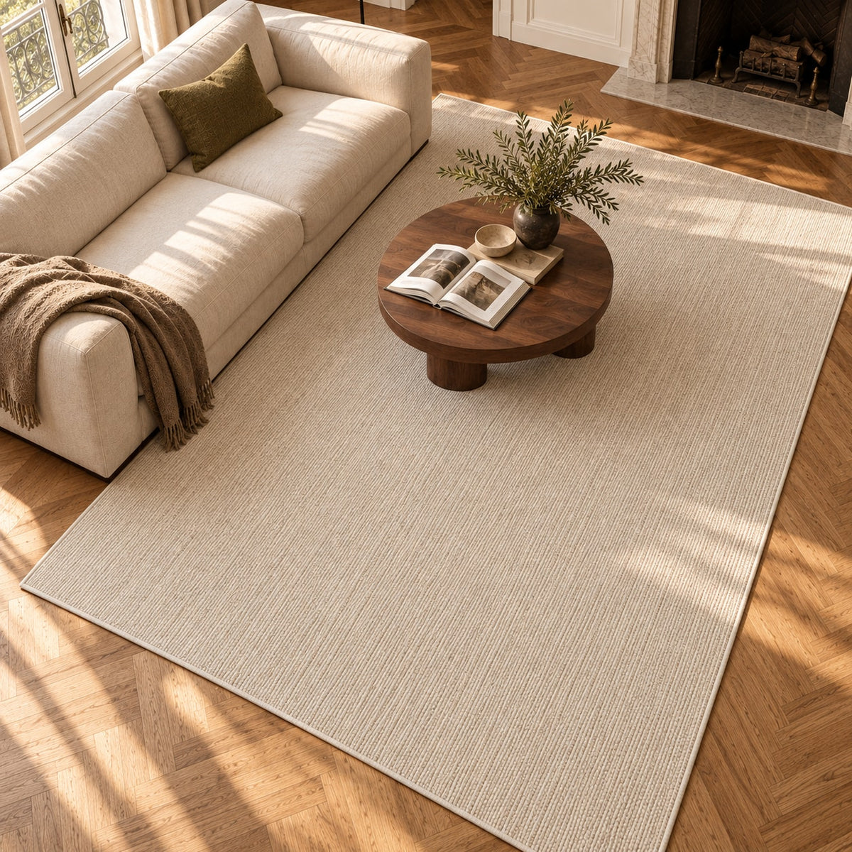 Tapis Dune ivoire — vue de haut dans un salon