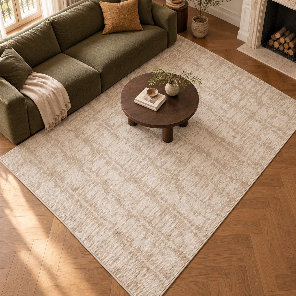 Tapis Écorce beige — vue de haut dans un salon