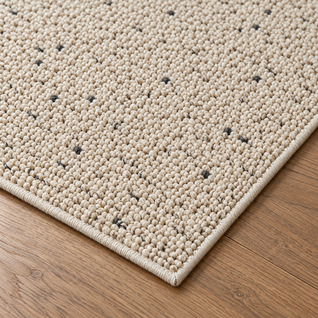 Tapis Galet beige moucheté — détail de la bordure et de l'épaisseur
