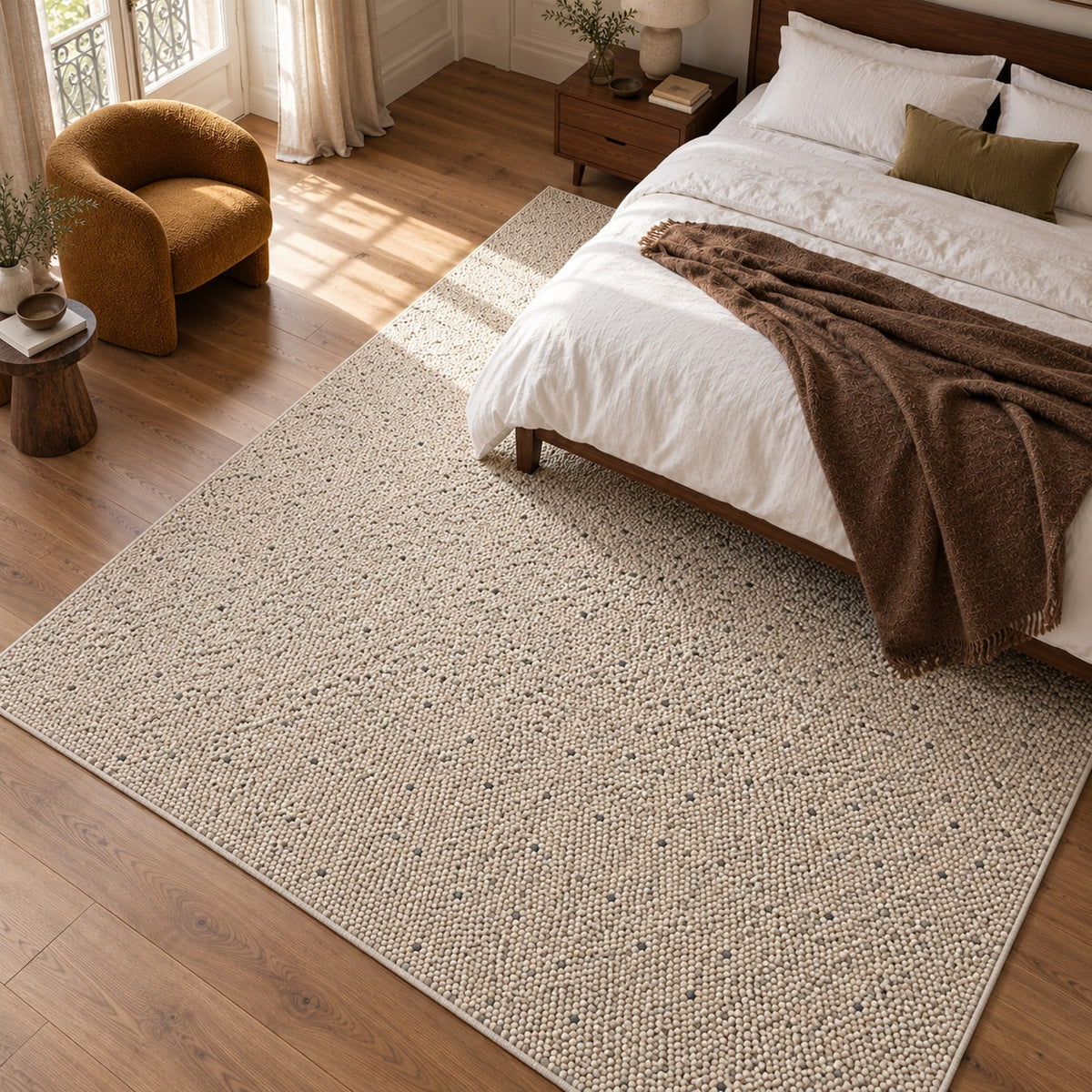Tapis Galet beige moucheté — vue de haut dans un salon