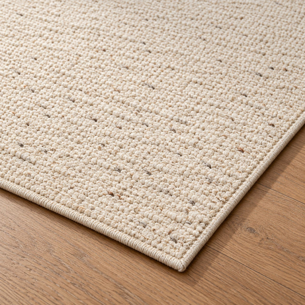 Tapis Grès écru chiné — détail de la bordure et de l'épaisseur