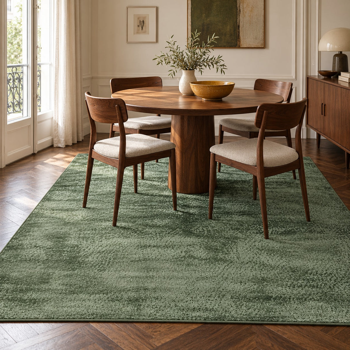 Tapis Lichen vert mousse — dans un salon