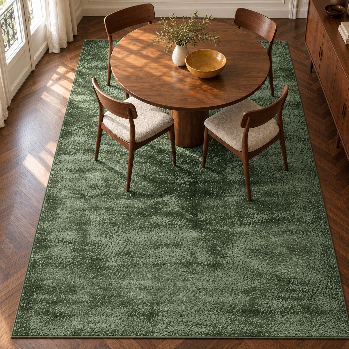 Tapis Lichen vert mousse — vue de haut dans un salon