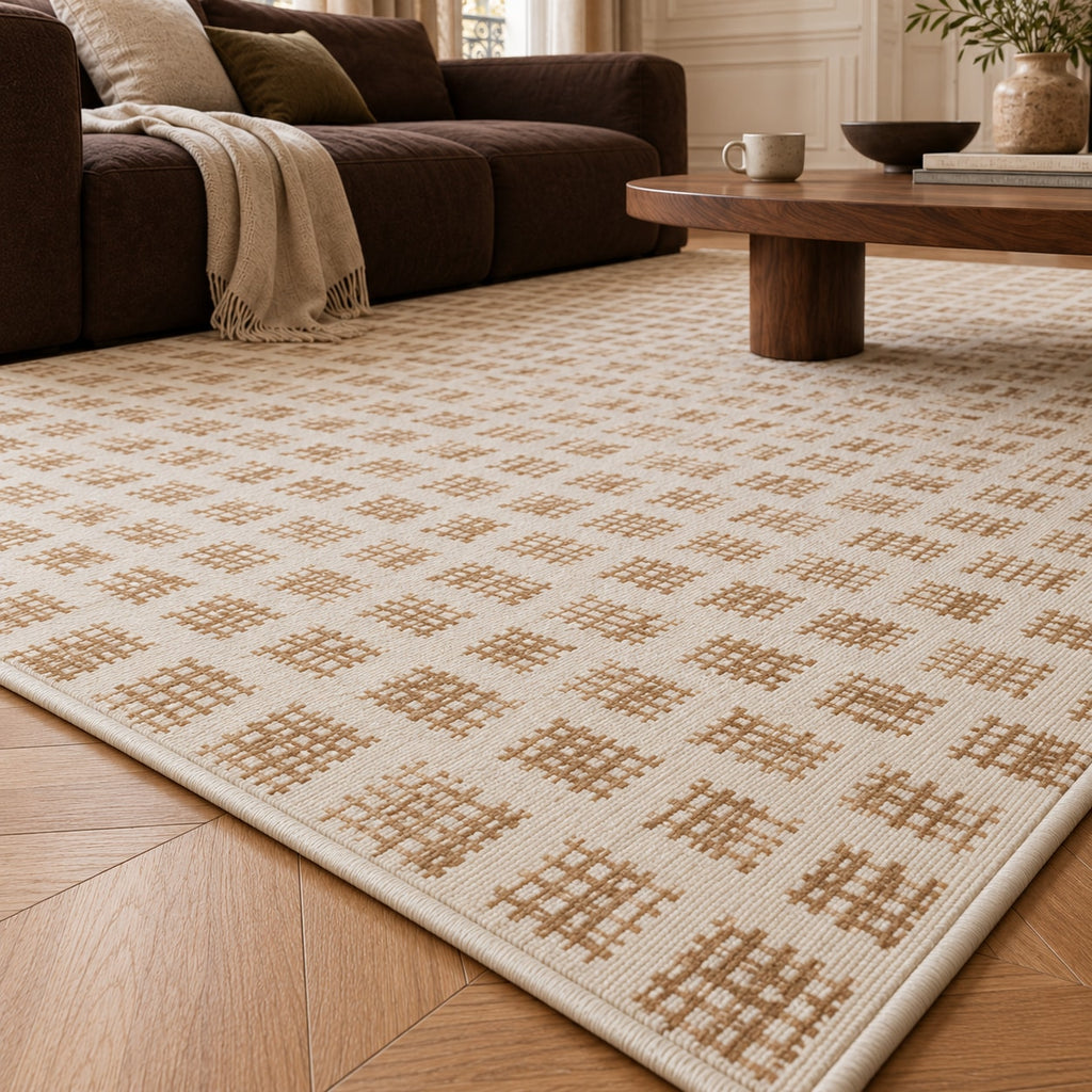Tapis Mistral ivoire et camel — vue rapprochée en situation