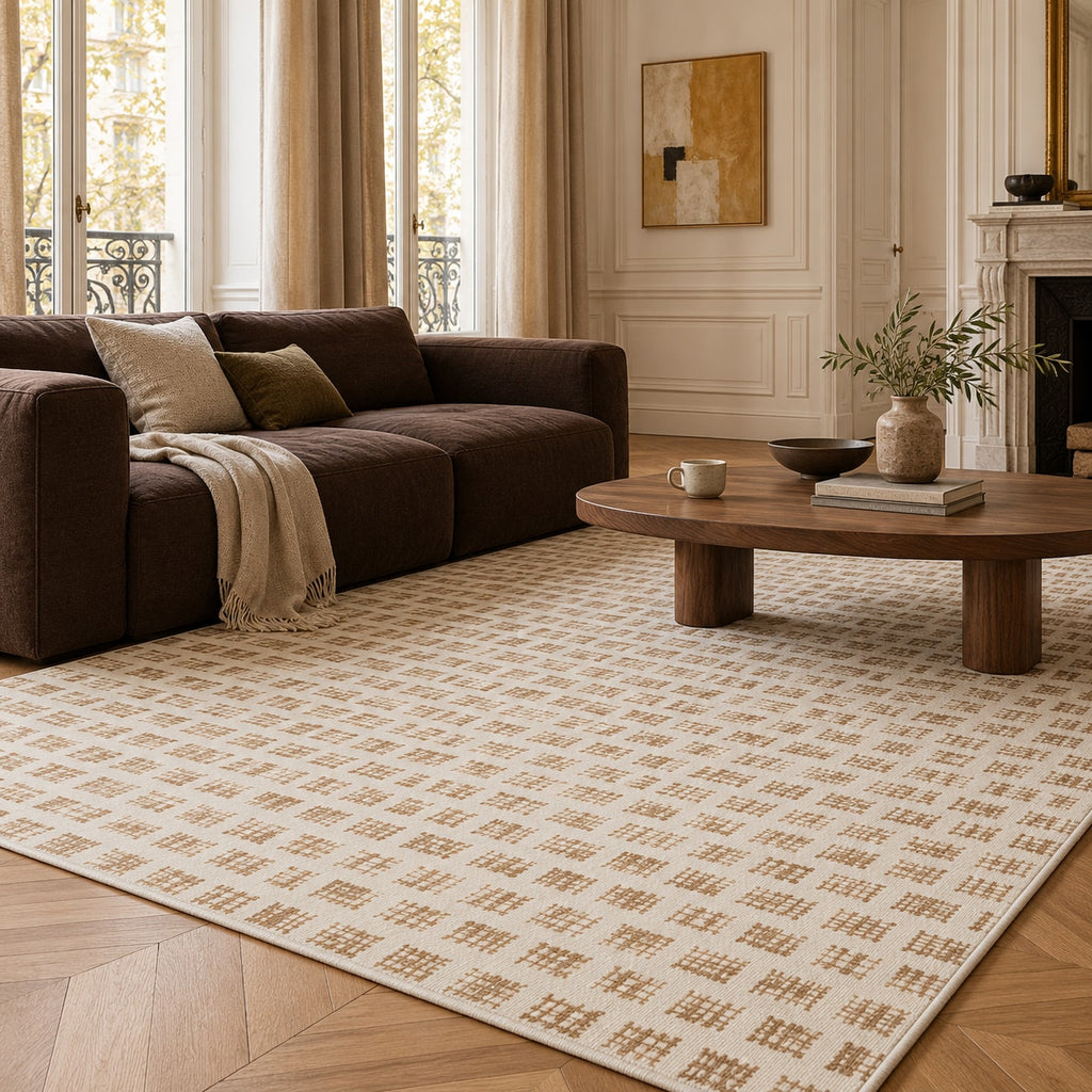 Tapis Mistral ivoire et camel — dans un salon