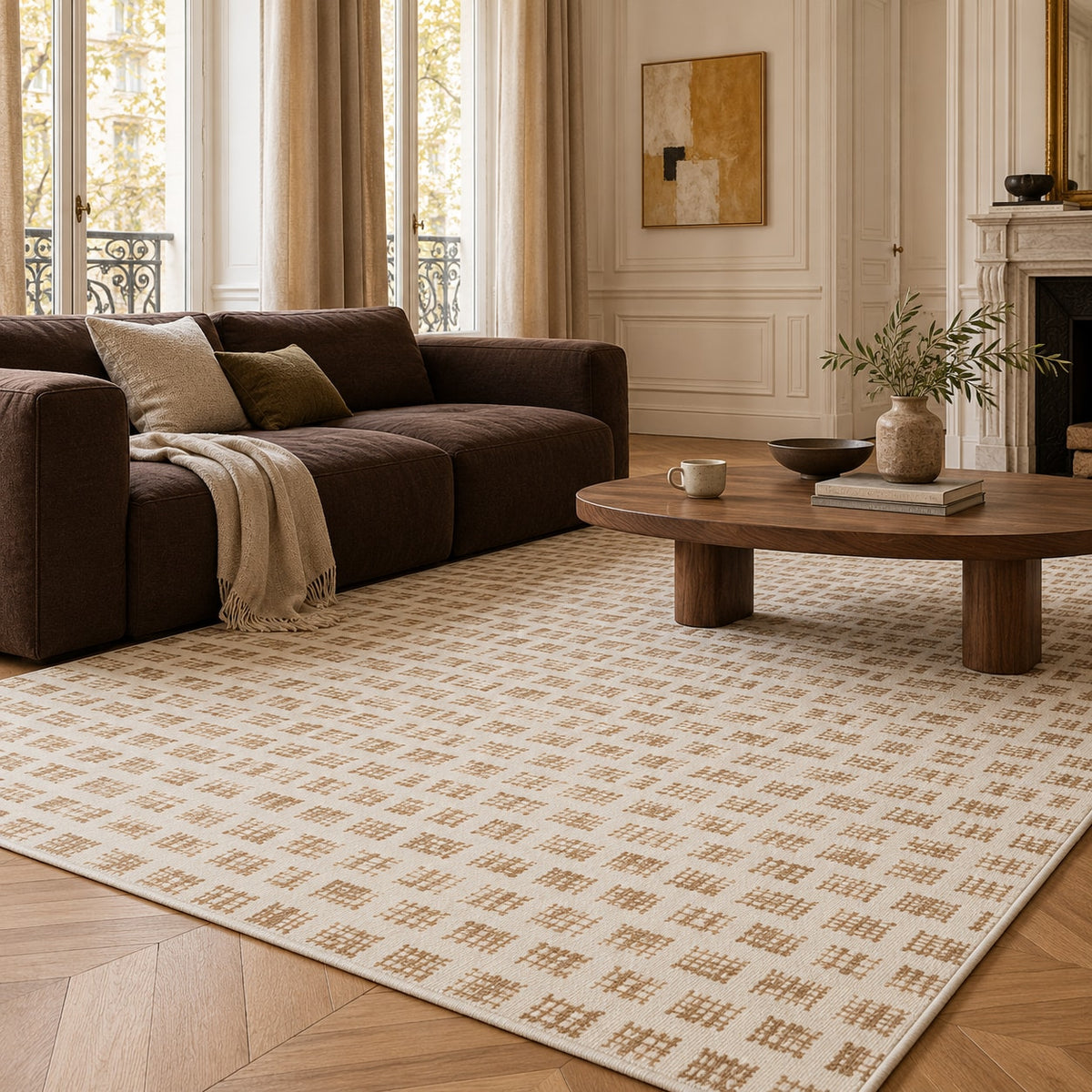 Tapis Mistral ivoire et camel — dans un salon
