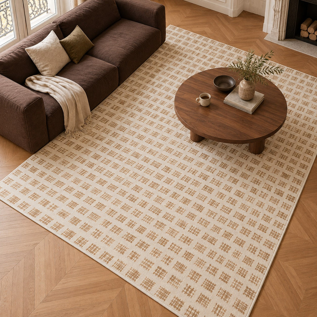 Tapis Mistral ivoire et camel — vue de haut dans un salon