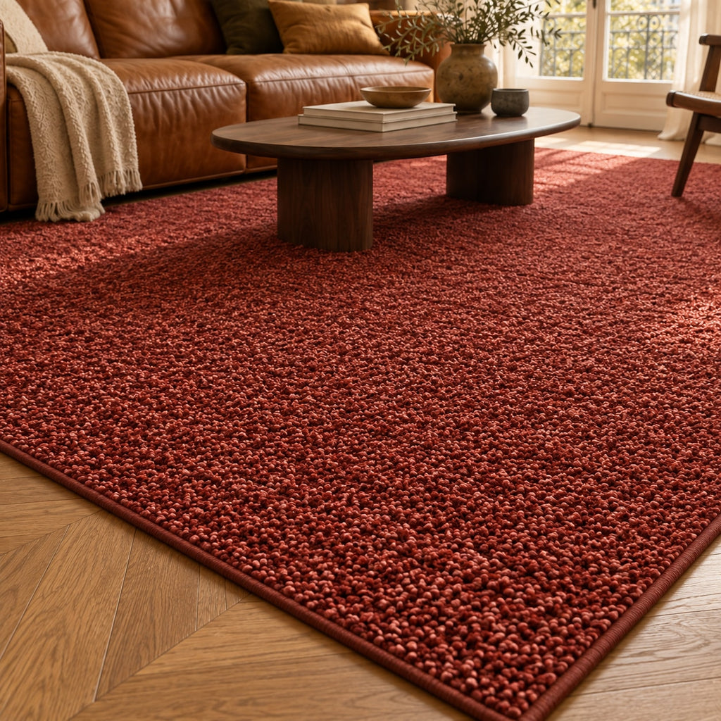 Tapis Pinède rouge rouille — vue rapprochée en situation