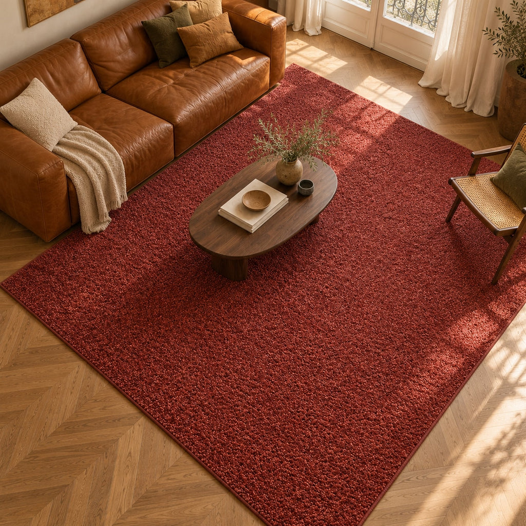 Tapis Pinède rouge rouille — vue de haut dans un salon