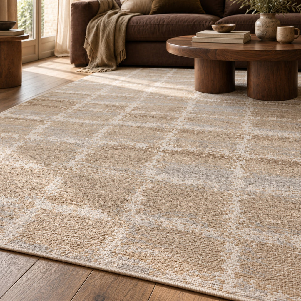 Tapis Rivage grège et bleu — vue rapprochée en situation