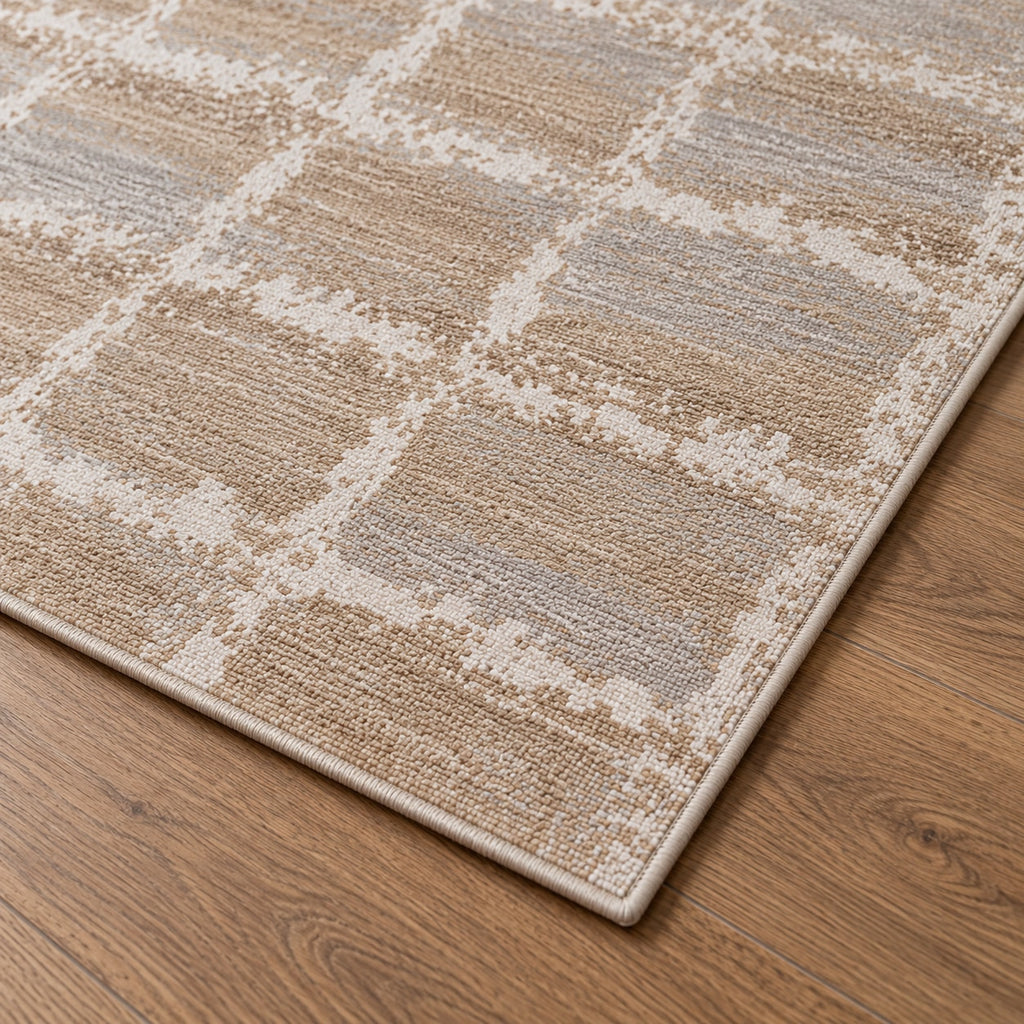 Tapis Rivage grège et bleu — détail de la bordure et de l'épaisseur