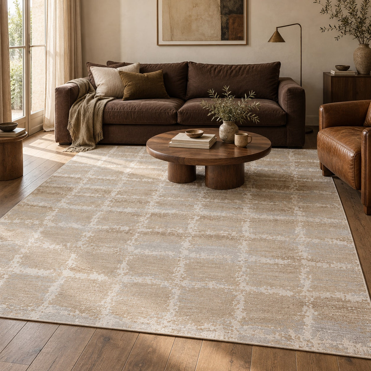 Tapis Rivage grège et bleu — dans un salon