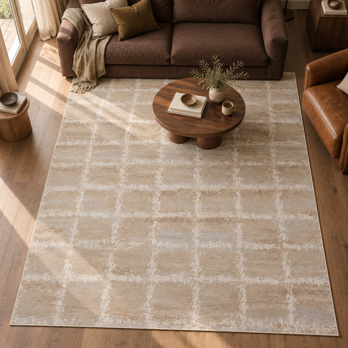 Tapis Rivage grège et bleu — vue de haut dans un salon