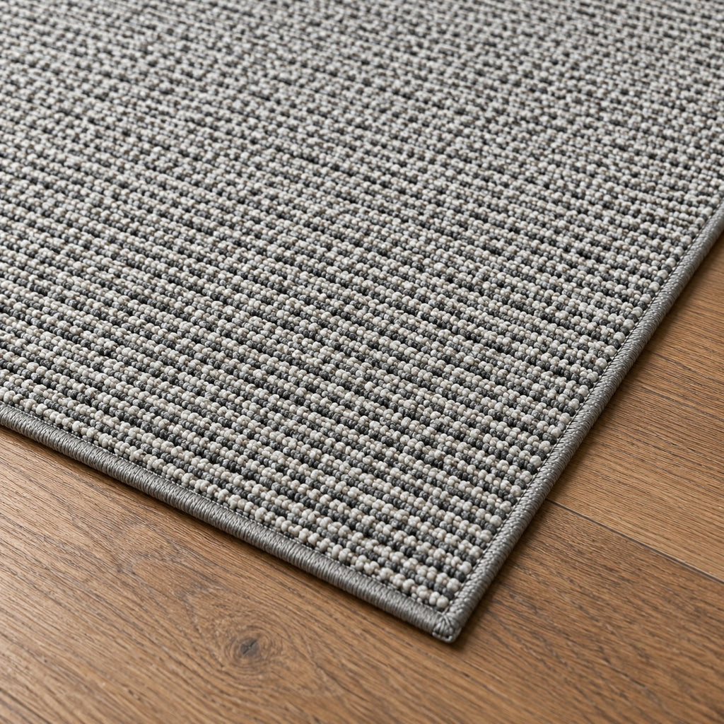 Tapis Silex gris chiné — détail de la bordure et de l'épaisseur