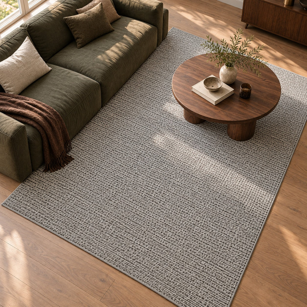 Tapis Silex gris chiné — vue de haut dans un salon