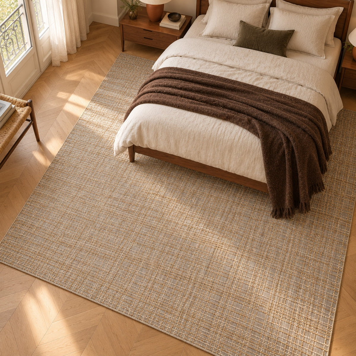 Tapis Sillon camel — vue de haut dans un salon