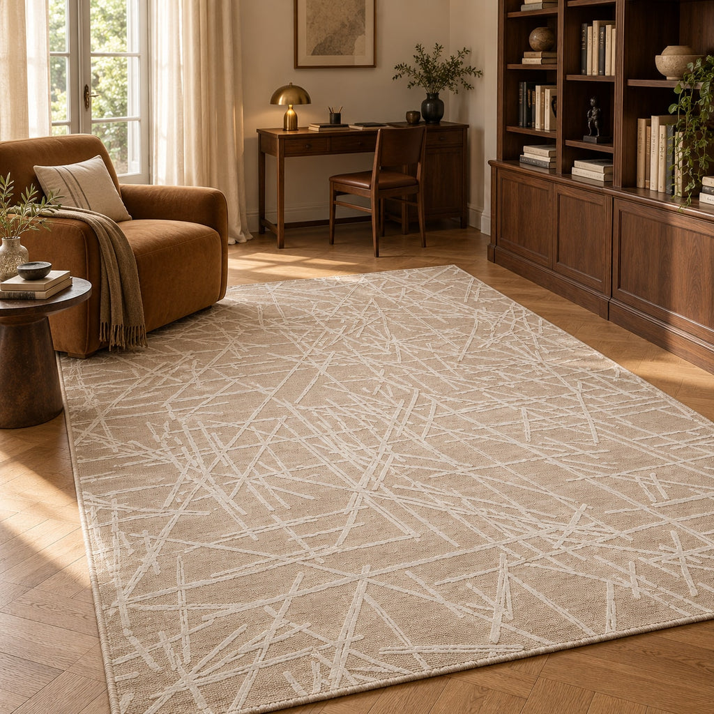 Tapis Tracé beige — dans un salon