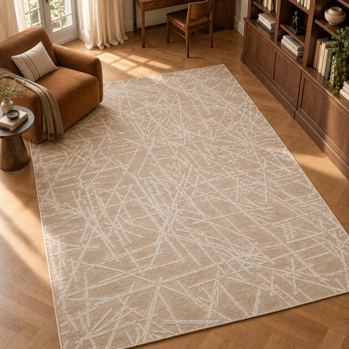 Tapis Tracé beige — vue de haut dans un salon